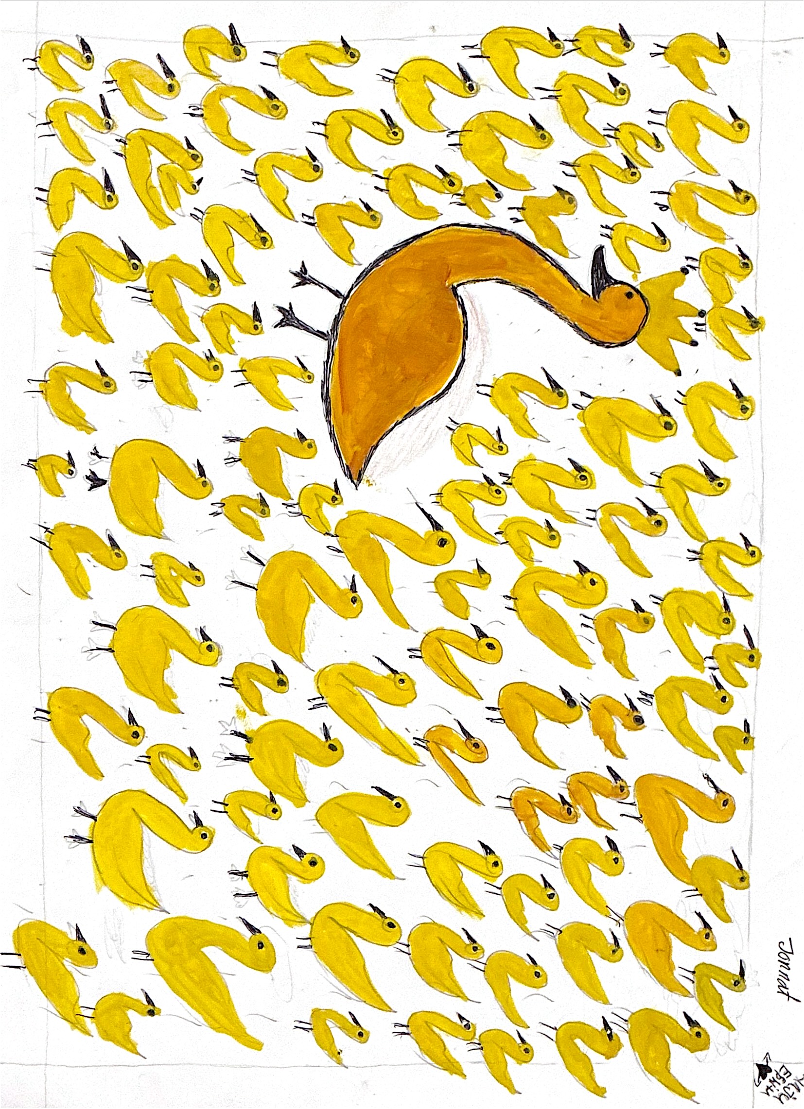 Abstract Yellow Bird Composition – A3 Original Contemporary Artwork
